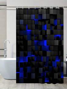 4pcs Geometric Square Pattern Shower Curtain Set, Shower Curtain With 12 Hooks, Non-Slip Bath Mat, U-Shaped Toilet Mat, Toilet Mat, Bathroom Decoration Accessories - A - View 18