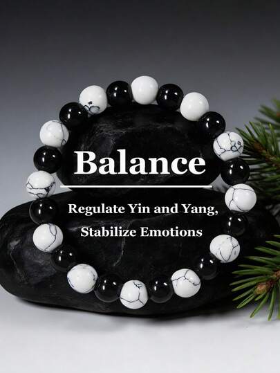 8毫米黑曜石和白纹石平衡手链，具有接地、阴阳平衡、情绪稳定、疗愈、净化等功效，适合日常佩戴。