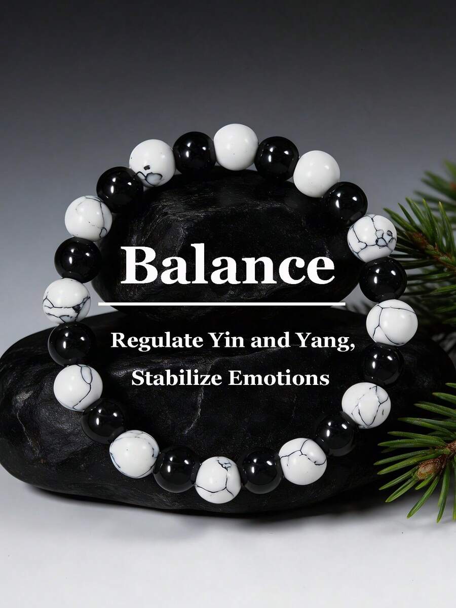 8毫米黑曜石和白纹石平衡手链，具有接地、阴阳平衡、情绪稳定、疗愈、净化等功效，适合日常佩戴。 - 黑與白 - 查看 1