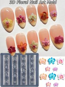 1pc Reusable Silicone Nail Art Mold, High Relief Petal, Orchid, Cherry Blossom Patterns, Nail Gel Stamping Template, Nail Salon Supplies, Spring/Summer Nail Salon Accessories - Clear - View 1