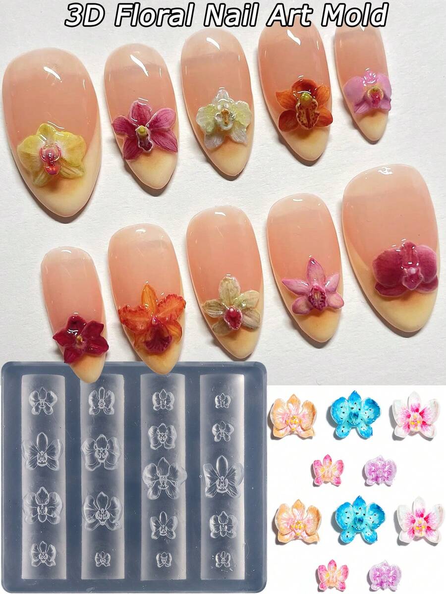 1pc Reusable Silicone Nail Art Mold, High Relief Petal, Orchid, Cherry Blossom Patterns, Nail Gel Stamping Template, Nail Salon Supplies, Spring/Summer Nail Salon Accessories - Clear - View 1
