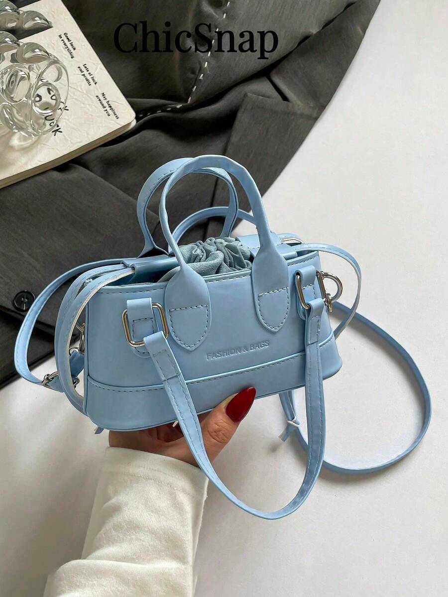 Fashionable Solid Color PU Drawstring Mini Handbag, Metallic Color Crossbody Small Shell Bag For Women - Blue - View 1