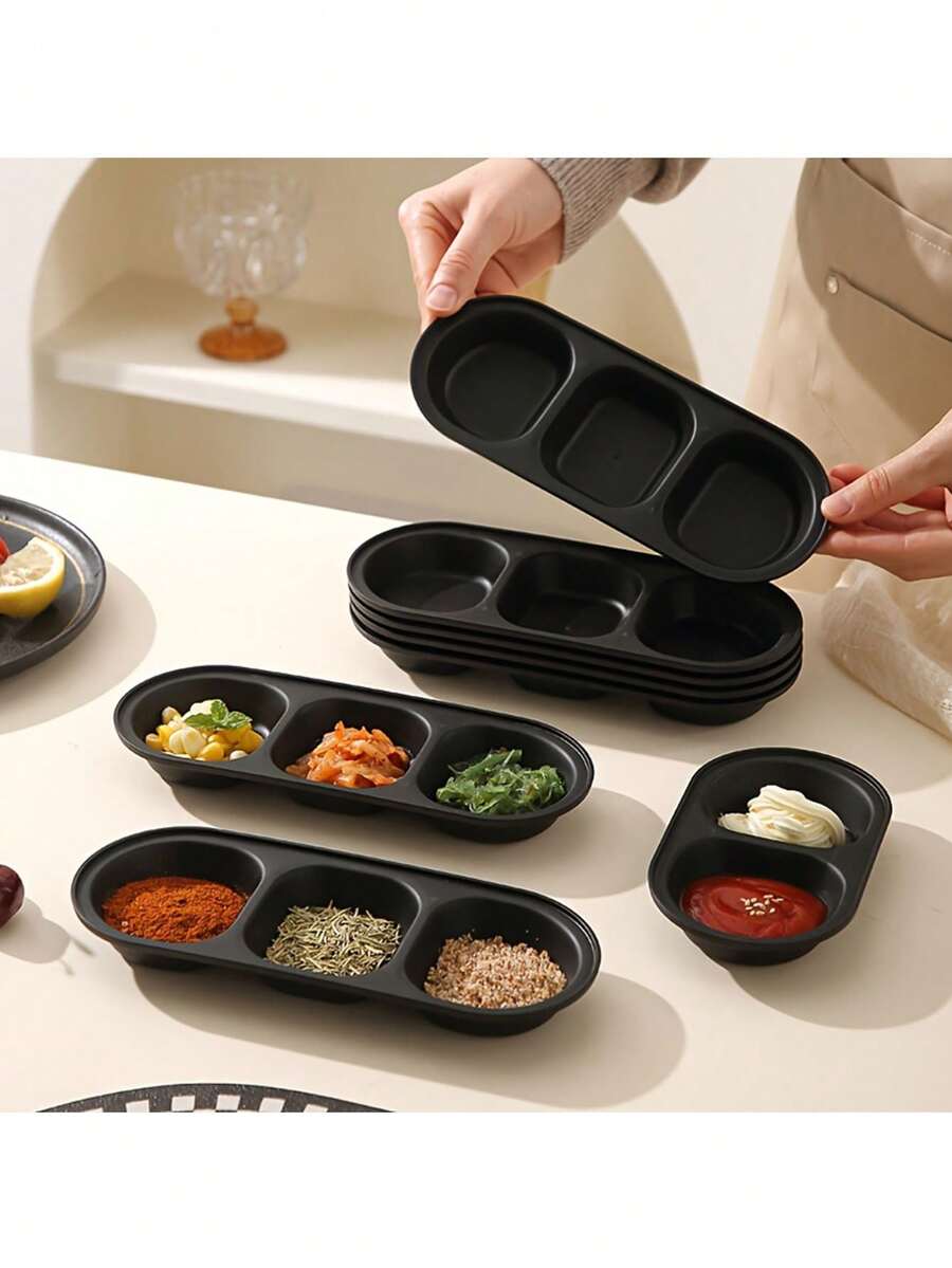 1个黑色塑料分隔调味碗，可重复使用，非常适合在餐厅、寿司店、派对、火锅聚会、野餐、露营和烧烤活动中盛放酱油、调味料和小菜。 - 彩色 - 查看 1