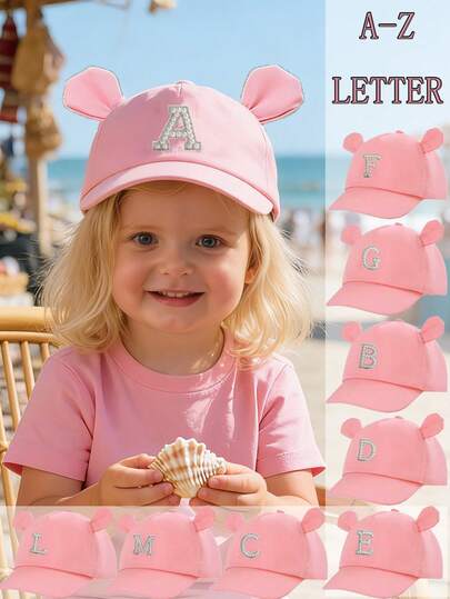 1pc Cute & Fun Letter Printed Baseball Cap, Round Ear Design, UV Protection, Breathable Adjustable, Suitable For Toddlers Aged 1-3 Years Old For Outdoor Hiking, Camping And Daily Leisure, Suitable For Spring And Summer
