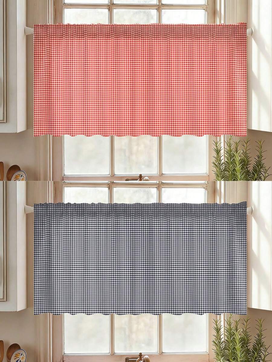 1Pc Red Grey Checked Curtain,Rod Pocket Half Drape Curtain,Drilling Table Skirt,Cabinet Decoration,Kitchen & Dining Partition,Bedroom Window Curtain Short,Porch Decor Curtains,Daily Home Decor,Window Decor