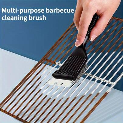 2pcs Grill Cleaner Brush With Plastic Handle - 1pc, Reusable, Portable Deep Cleaning Steel Brush, BBQ Accessories, Kitchen Gadgets, 20.32cm - Includes Multiple Components