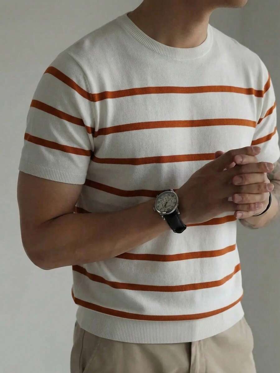 Men's Short Sleeve Contrast Striped Knit Sweater, Lightweight Pullover, Retro Casual For Summer