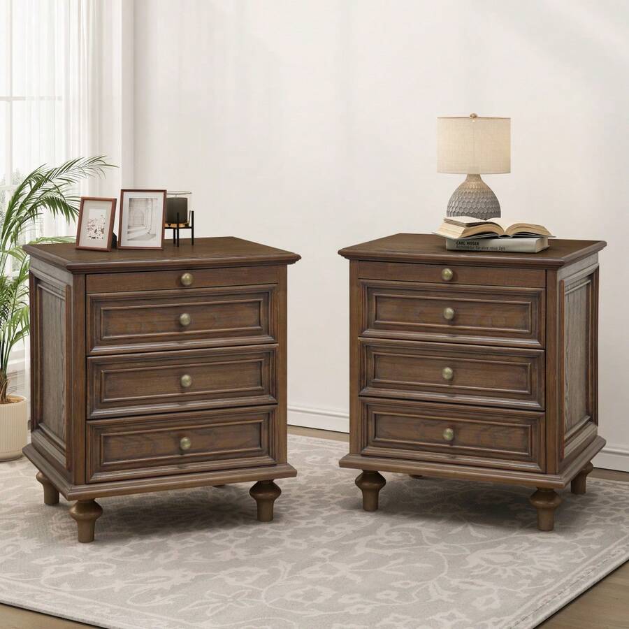 Farmhouse Nightstands Set Of 2 With 4 Drawers, Wood Storage End Table With Hidden Pull-Out Shelf, 4 Solid Wood Feet & Metal Handles, Easy Assembly For Bedroom, Walnut Brown - Walnut Brown + Set Of 2 - View 1
