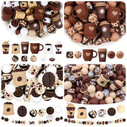 9/25/54颗可爱3D咖啡主题硅胶珠，印花方形和心形时尚设计，适用于珠宝制作、DIY手链、挂绳、串珠笔、节日装饰和工艺品——理想的情人节礼物——串珠套装，串珠用品