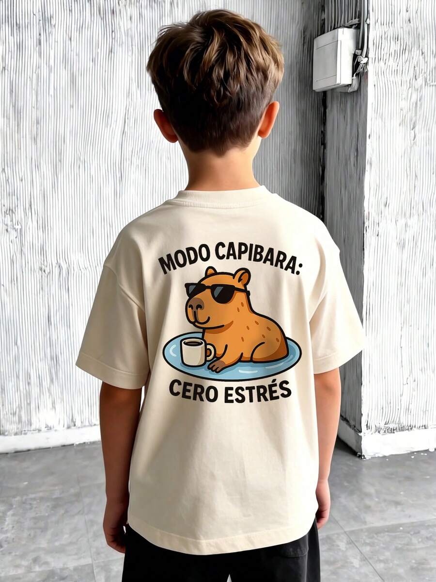 Camiseta de cuello redondo de manga corta con estampado informal para niños preadolescentes, top de verano - Albaricoque - Ver 1