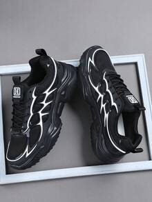 2026 New Men's Fashion Sneakers, Lace-Up Shoes, Black & White Personalized Streetwear Thick Sole Casual Shoes - Black and White - View 5