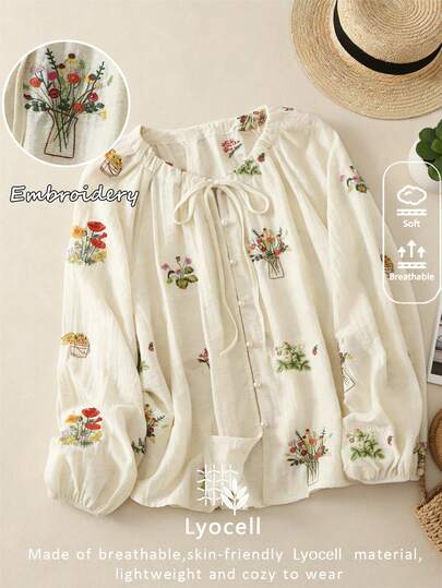 Elegant Embroidered Lightweight Drawstring Collar Blouse, Versatile Apricot Semi-Sheer Viscose Top, Suitable For Spring/Summer Vacation