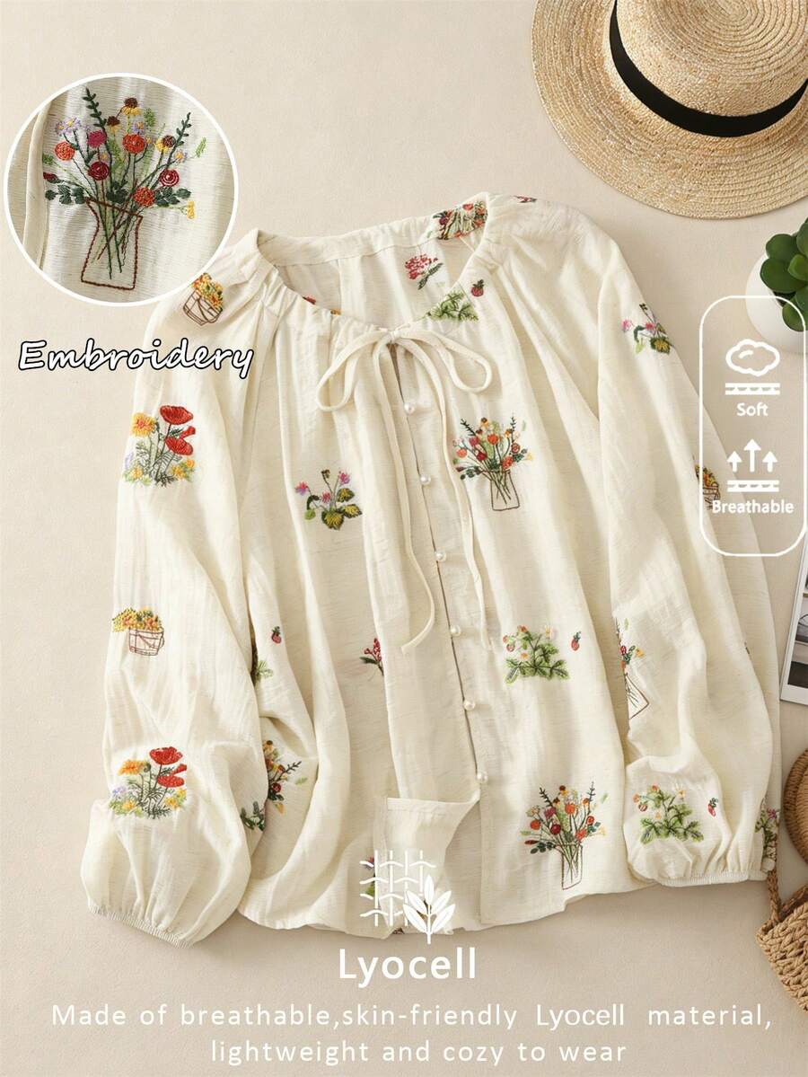 Elegant Embroidered Lightweight Drawstring Collar Blouse, Versatile Apricot Semi-Sheer Viscose Top, Suitable For Spring/Summer Vacation - Apricot - View 1