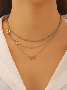 1 Set de 3 Collares de Acero Inoxidable, Diseño Elegante y Minimalista de Sol y Luna Hueco, Casual y Elegante Adecuado para Uso Diario de Mujeres, Fiestas y Como Regalo - Amarillo Oro - Ver 6