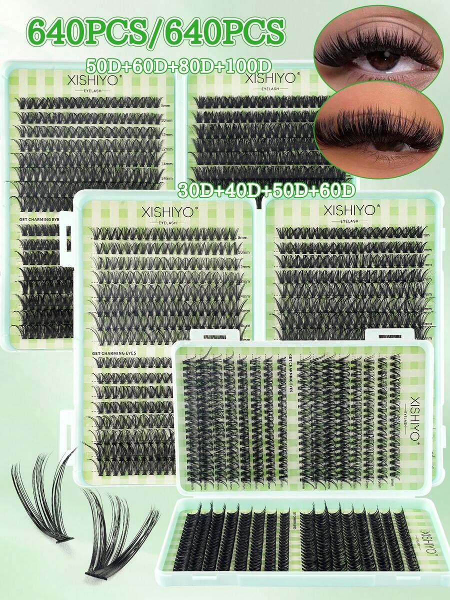 640片装豪华假睫毛套装，浓密纤长，30D+40D+50D+60D/50D+60D+80D+100D，8-16毫米，DIY睫毛套装，超浓密，自然逼真，超柔软轻盈，可重复使用，单根仿貂毛睫毛，适合居家、日常、婚礼、约会、派对、音乐节、圣诞节等各种场合。