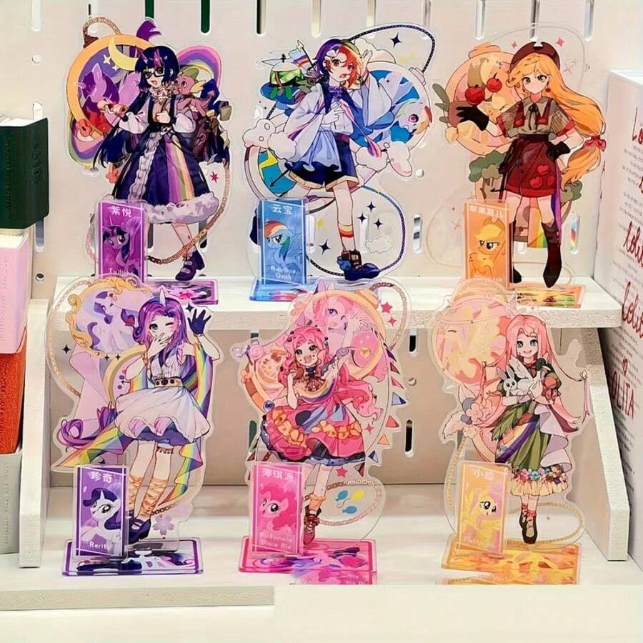 MY LITTLE PONY 一套小马宝莉拟人化亚克力立牌，包含Fluttershy、Pinkie Pie、Twilight Sparkle、Rainbow Dash、Rarity和Applejack，可爱桌面摆件，高性价比卡哇伊小马周边手办，适合圣诞节和日常展示 - 彩色 - 查看 1