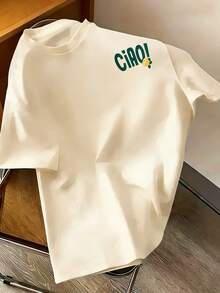 Tween Boy "CIAO" & Lemon Cartoon Print T-Shirt, Soft And Comfortable Fabric, Suitable For Boys To Wear For Travel, Vacation, Outdoor Sports, Daily Wear, Casual Travel, Best Choice! Fashionable Tween Boys' Spring/Summer Casual Versatile Top - Apricot - View 5