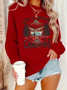 Suéter gráfico de campamento para mujer - "La vida es mejor junto a la fogata" Diseño de moer de cuello redondo cálido para otoño e invierno, elasticidad media, suéter casual, lavable a máqu - Rojo - Ver 2