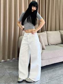 1 chiếc quần jeans nữ ống rộng dáng suông, thoải mái, phong cách đường phố Mỹ, đa năng cho mọi mùa (Không bao gồm thắt lưng/phụ kiện) Màu trắng - trắng - Xem 10