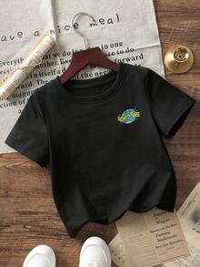 1 pièce T-shirt à manches courtes à col rond pour bébé/tout-petit garçon avec imprimé graphique de lettre de dessin animé créatif. Vêtements de mode décontracté pour bébé garçon - Noir - Voir 4