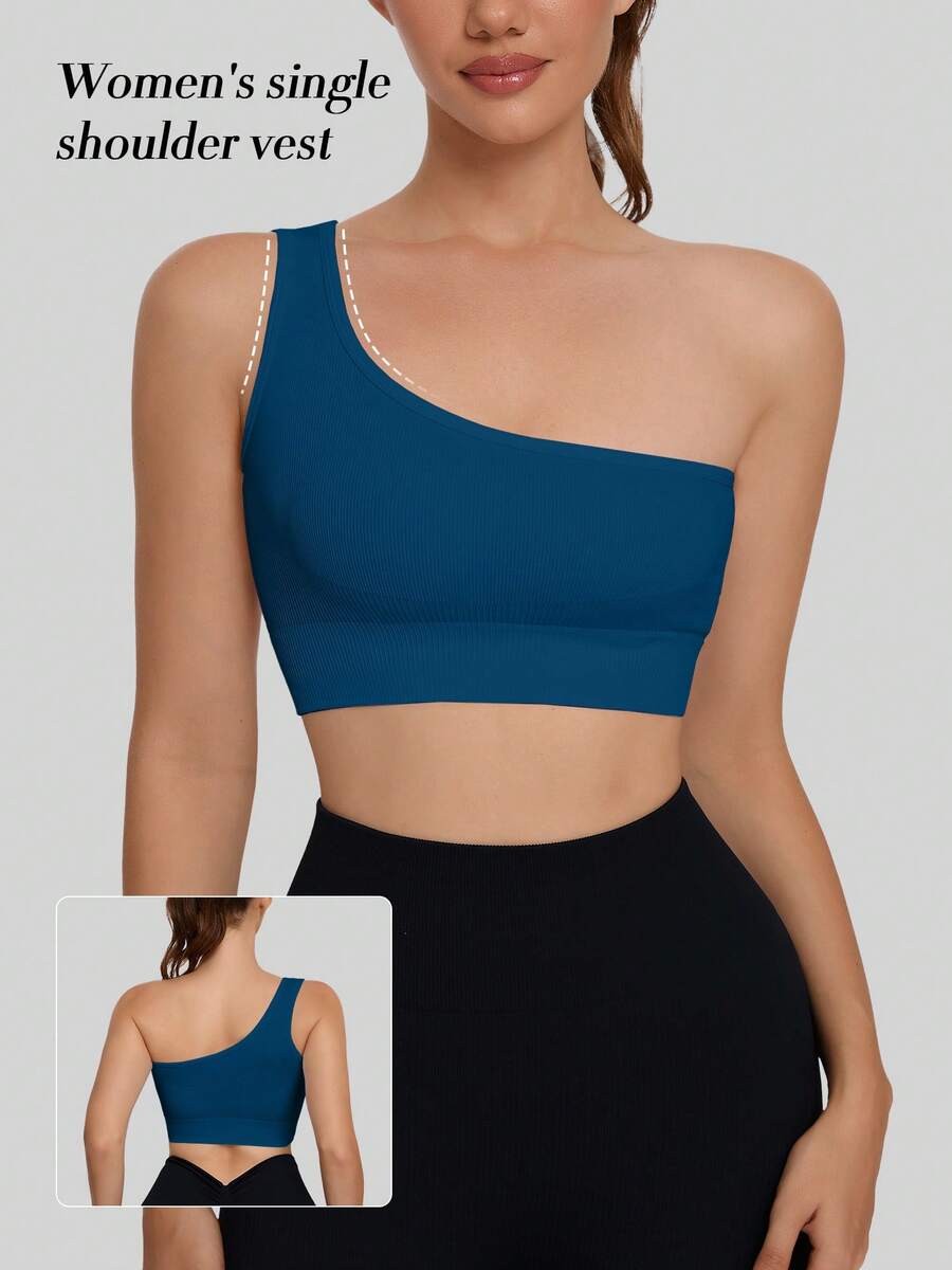 MathCat Women's One-Shoulder Workout Top Seamless Fitted Yoga Running Bra Sexy Light Support Highlight Collarbone For Sports Yoga Pilates Multi-Scenes - Màu xanh hải quân - Xem 1