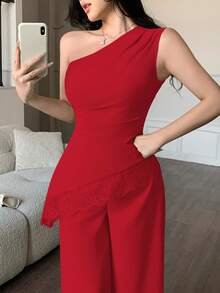 abyoxi Conjunto de 2 piezas de top sin mangas con cintura fruncida y parches de encaje con dobladillo asimétrico, y pantalones de pierna ancha para mujer, sexy y elegante, adecuado para ir al trabajo, salidas diarias, eventos formales, citas, fiestas, bodas, vacaciones, San Valentín, conjunto de primavera/verano con top ajustado y pantalones largos - Rojo - Ver 6