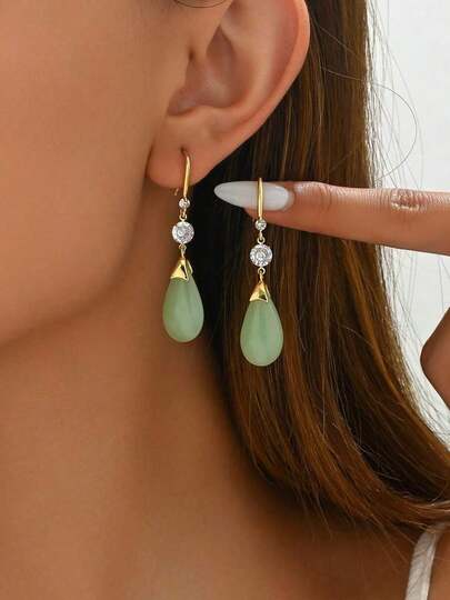 1 Pair Vintage Chinese Style Green Jade Teardrop Earrings, Elegant Retro Chic Versatile Ear Clips,Valentine's Day, Perfect Gift For Your Girlfriend Or Wife, Couple's Jewelry