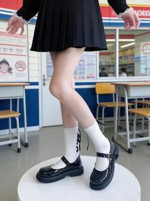 1 Paar/2 Paar Damen Schwarz & Weiß Spitze Schleifenband Dekor Socken, japanischer Lolita Stil süße Kniestrümpfe für Frühling & Herbst - Schwarz und Weiss - Übersicht 4