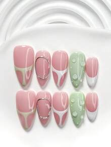 10pcs Summer Style Handmade Nail Art Set, Including Gel Nail Polish, Lines, Water Drop Nail Decor, Green And White Nail Polish, Minimalist And Elegant Style, With Nail Tools (1 Jelly Sticker + 1 Nail File). Available In 3 Sizes: Square, Short Square, Almond. Suitable For Parties, Daily Wear, Parties, Photography, Spring/Summer Commute. Press On Nails - 彩色 - 查看 3