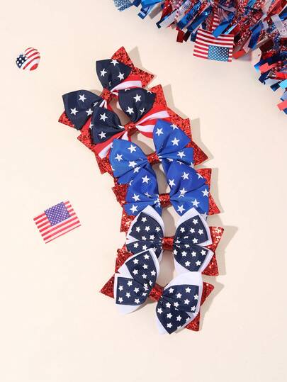 6个装7月4日美国独立日蝴蝶结发夹，彩色闪光布艺星条旗印花发饰（红、白、蓝），时尚美国独立日发饰，适合女孩、教师节、阵亡将士纪念日、节日派对等场合的礼物