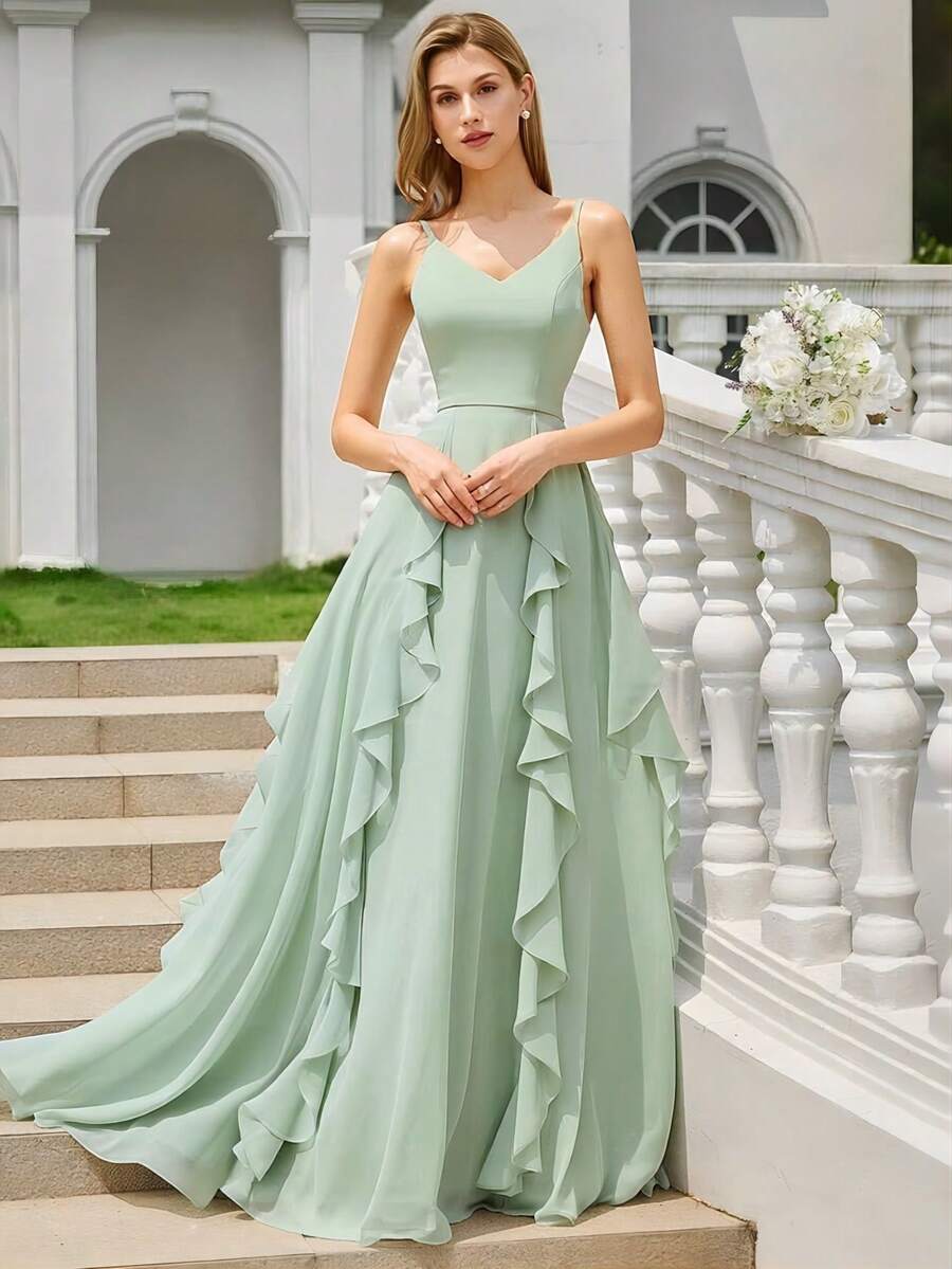 Flowing Ruffled Hem Spaghetti Strap V-Neck Sage Green Bridesmaid Dress Suitable For Weddings, Birthdays, Dinner Spring - Mint Green - View 1