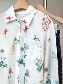 Camisa de mujer con bolsillo y estampado floral - Blanco-verde - Ver 5