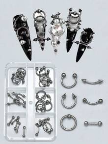 1 Box Assorted 3D Metal Nail Art Rivet Set, Punk Style Mini Metal Spikes Rivets, Cool Girl Rock Style Nail Decoration, DIY Nail Piercing Ring Decor Nail Supplies Nail Charms - Multicolor - View 3