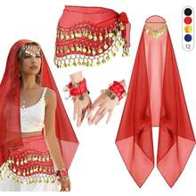 4-Piece Belly Dance Set, Including Belly Dance Chiffon Hip Scarf, Headscarf, Bracelets And Other Dance Accessories, With Free Gold Coins - Multicolor - View 21