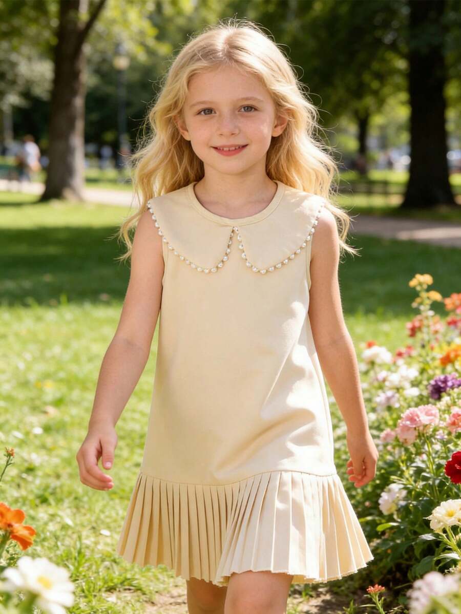 1pc Young Girls Elegant Peter Pan Collar Sleeveless Dress, For Spring/Summer Vacation - Apricot - View 1