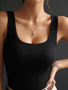 Black Ribbed Square Neck Camisole For Women - Built-In Padded Bust Slim Fit Sleeveless Comfortable T-Shirt Top, Soft & Casual Daily Wear - Black - View 8