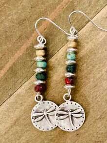 1 Đôi bông tai mặt dây chuyền hình chuồn chuồn tròn kiểu cổ điển bằng bạc, thích hợp cho nữ giới đeo hàng ngày, dự tiệc và du lịch, làm quà tặng trang sức. - Bạc - Xem 1