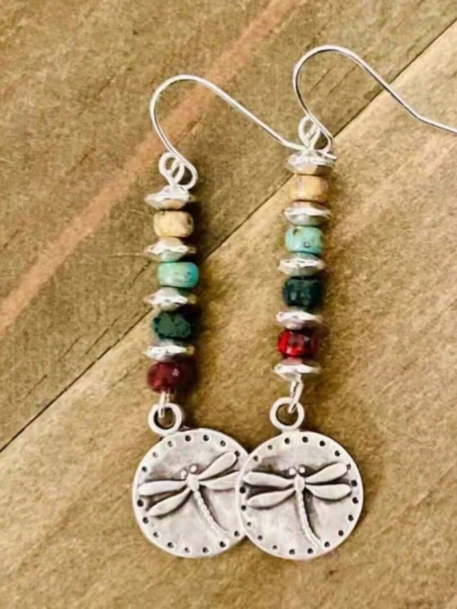 1 Đôi bông tai mặt dây chuyền hình chuồn chuồn tròn kiểu cổ điển bằng bạc, thích hợp cho nữ giới đeo hàng ngày, dự tiệc và du lịch, làm quà tặng trang sức. - Bạc - Xem 1