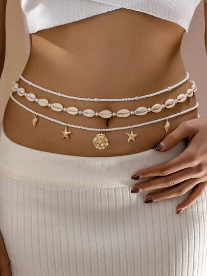 3件套波西米亚海滩风海洋主题贝壳和海星串珠腰链，女士款