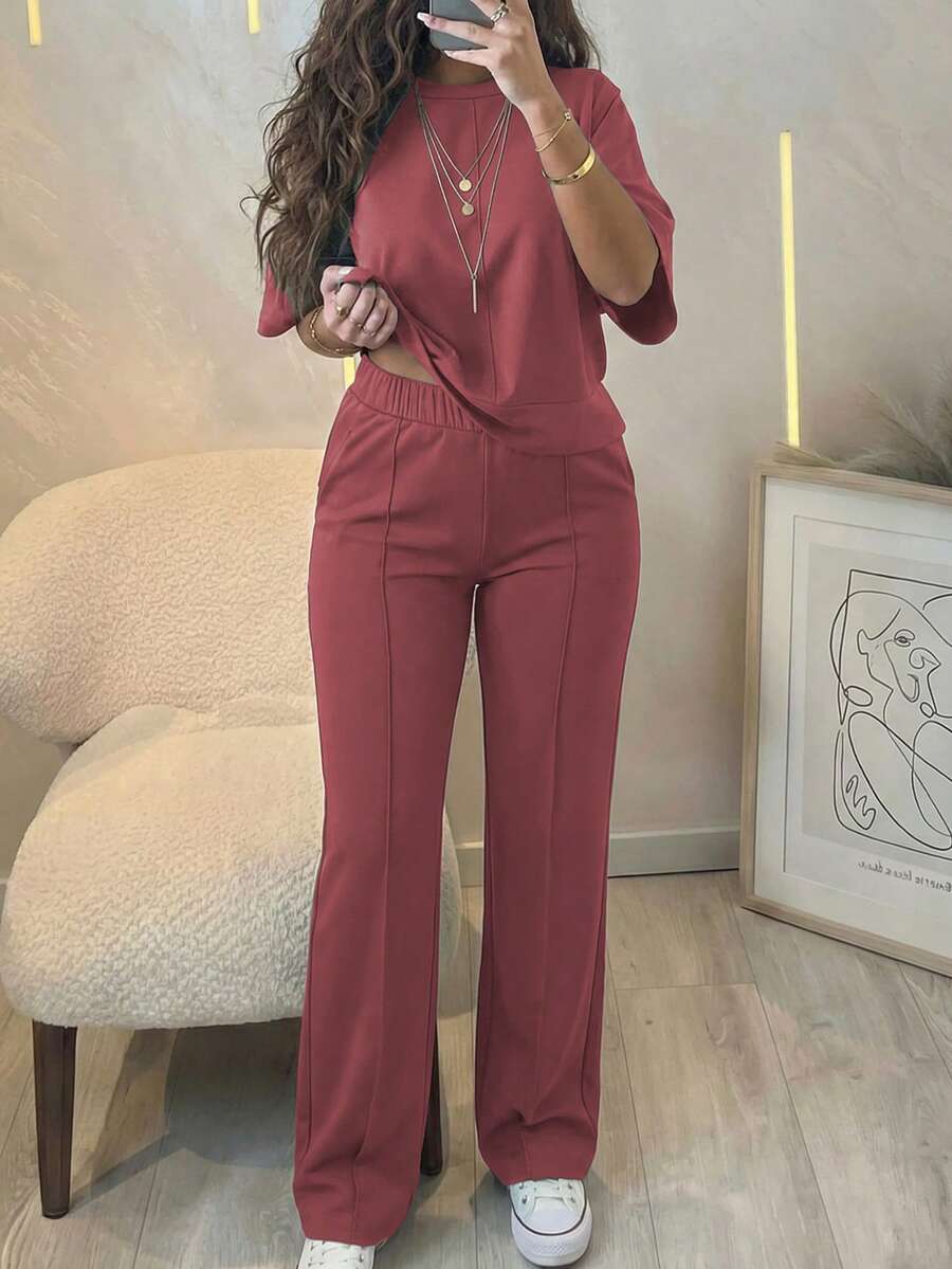 Women's Casual Comfortable Solid Color Short Sleeve Top And Elastic Waist Pocket Pants 2 Pieces Set, Soft Polyester-Spandex Fabric, Spring/Summer Elegant - Pink 74 - View 1