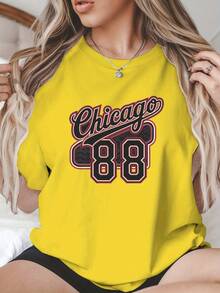 Nueva camiseta de moda para primavera y verano para chicas en talla grande - CHICAGO 88 Camiseta estampada de talla grande para mujer, top casual de manga corta y cuello redondo, adecuada para primavera y otoño, ropa de talla grande a la moda. - azul real - Ver 8
