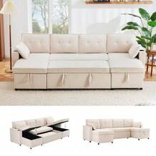 Schlafsofa mit Schlaffunktion, U-förmiges Sofa, Polstersofa, Baumwoll-und Leinenstoffe, mit Getränkehalter, Stauräume, geeignet für Familien, Wohnzimmer usv. Video verfügbar - Beige - Übersicht 3