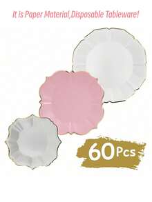60pcs Pink Scalloped Paper Plates, Party Supplies, Including 20pcs Dessert Plates, 20pcs Lunch Plates And 20pcs Dinner Plates, Gold Foil Scalloped Edges, Suitable For Birthday, Wedding, Anniversary Celebrations Disposable Party Tableware (7inch + 9inch + 10inch) - White - View 5