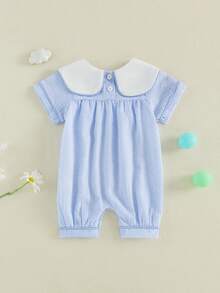 Baby Girl Summer Jumpsuit Short Sleeve Round Neck Duck Embroidery Stripe Romper For Outdoor Daily Wear - 藍色 - 查看 7