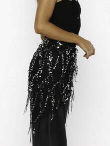 Women Y2K Glam Fringe Belly Wrap, Sequin Embellished Sheer Mesh Asymmetrical Tie Waist Skirt Cover Up For Club Party Night Out - 黑色 - 查看 4