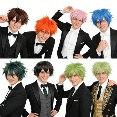 Tóc giả ngắn màu xanh lá cây, xanh dương, hồng, đen, cam, nâu, kiểu tóc thẳng, dựng đứng, có mái dành cho nam giới – Hoàn hảo cho trang phục hóa trang, hội nghị anime, Comic Con, ngày lễ và sử dụng hàng ngày – Tóc giả sợi tổng hợp chịu nhiệt với kết cấu tự nhiên mềm mại, dễ tạo kiểu.