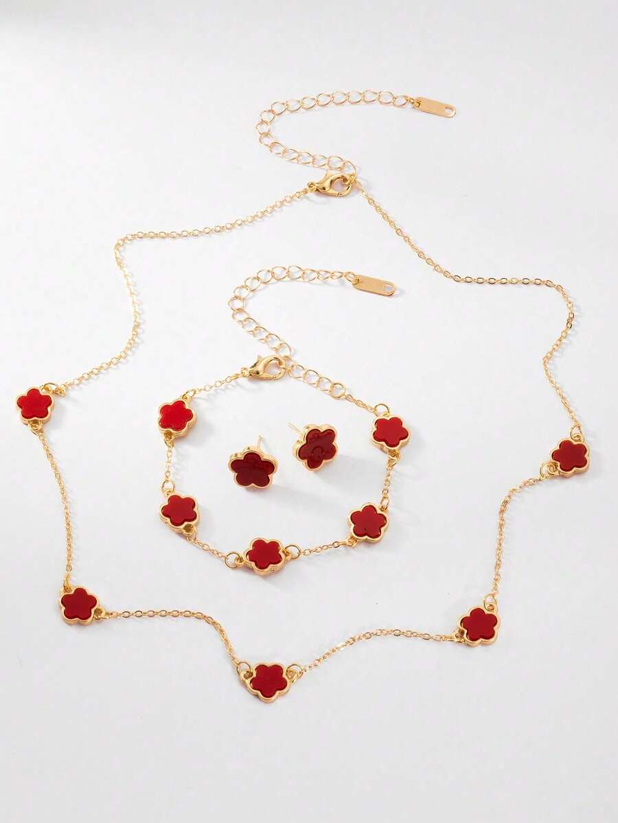 1 Set de collar de flor de 5 hojas de lujo creativo de alta gama estilo europeo y americano, de acero inoxidable, adecuado para uso diario - Rojo - Ver 1