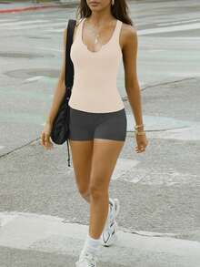 Top de punto acanalado casual deportivo, versátil y elástico para uso diario en verano - Albaricoque - Ver 7