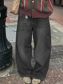 女士黑色直筒牛仔裤 Y2K 度假休闲水洗宽松牛仔裤 优雅复古直筒裤，2026 春夏款 - 黑色 - 查看 7