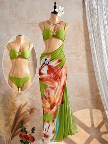 2pcs Women's Bikini Set, Metal Flower Decor Adjustable Strap Bikini, Floral Mesh Print Bohemian Beach Dress Cover Up, 3-Piece Swimwear Set, Suitable For Beach, Vacation And Pool Party Black Summer - màu xanh lá - Xem 4